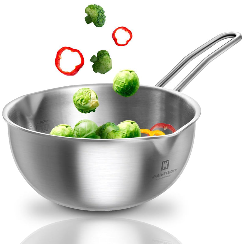 WAGENSTEIGER Mini Wok 200mm Stainless Steel, 3-Ply Aluminum Core Base, Induction Compatible Small Wok Pan, Ramen Pot for Camping & Outdoor Cooking