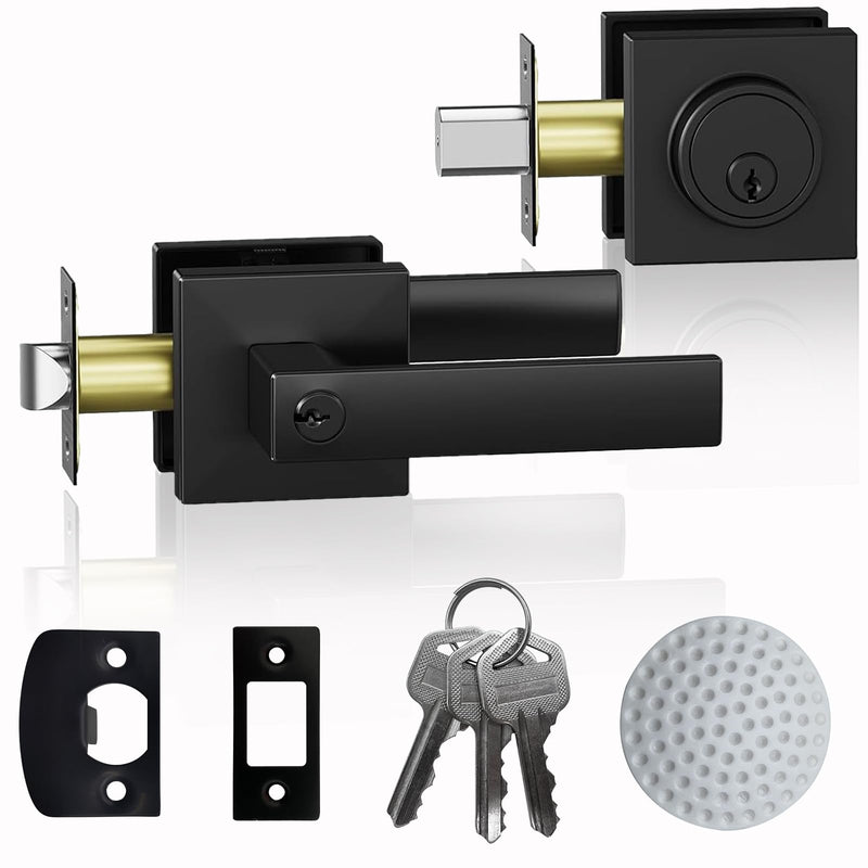 JO.KO Keyed Entry Door Handle and Single Cylinder Deadbolt Door Locks,Matte Black Front Door Handle and Deadbolt Set,Heavy Duty Exterior Door Lever for Office and Home 1 Key 1 Combo 1 Pack