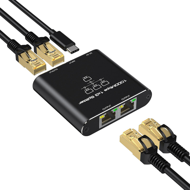 Ethernet Splitter 1 to 3, High Speed Gigabit 1000Mbps, LAN Network Splitter with USB Power Cable, Gigabit RJ45 Internet Ethernet Splitter for Cat 5/5e/6/7/8 Cable [3 Devices Networked Simultaneously] Ethernet Splitter-1 auf 3