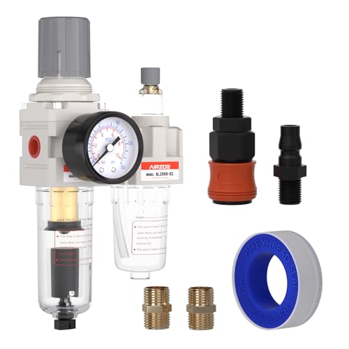 AIRZOE 1/4" NPT Air Filter Regulator Lubricator Combo AC2010-02D 1/4"NPT Auto Drain / White / Metal Coupler