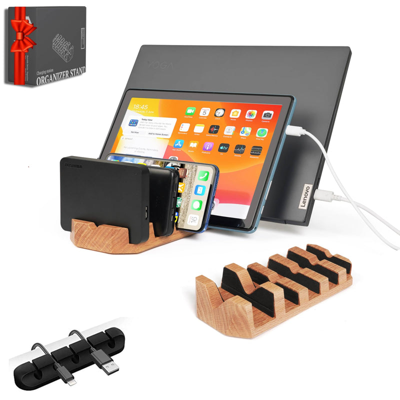 Oak Multi-Device Organizer with Cord Organizer and Anti-Scratch Pads Accessories Set – Vertical Stand for Laptops, Tablets, Phones, and External Hard Drives – Desk Station Dock for Home Office