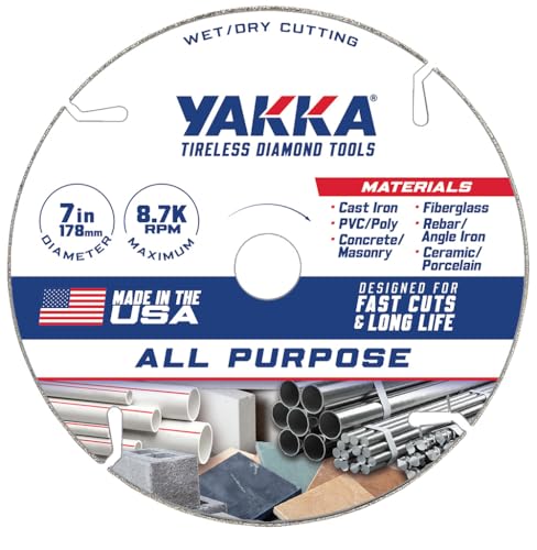 Yakka 7 Inch All Purpose Diamond Blade cuts virtually All Materials, Made with Advanced Electroplating for a Long Life & Comes with 7/8 inch Arbor and 5/8 inch Reducer Ring 7.0"