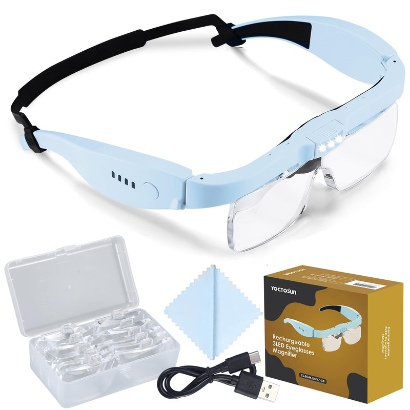 YOCTOSUN Magnifying Glass with Light, Magnifying Glasses with 5 Lenses 0.75X-4.0X and 3 LED Lights, Rechargeable Magnifier Headset, Hands Free Head Magnifying Glass for Close Work Hobby Crafts Jewelry Blue