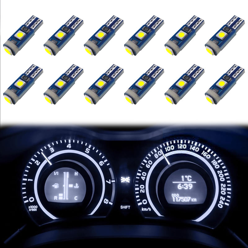 12 PCS T5 LED Bulbs, 74 73 37 2721 Instrument Cluster Light Bulb, 12 Volt Bright Canbus Error Free LED Dashboard Light Bulb, 3030 SMD Automotive Replacement Bulbs (White) White