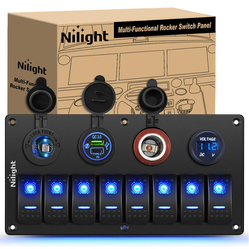 Nilight 8 Gang Rocker Switch Panel Waterproof Aluminum Marine with PD Type C & USB Charger Cigarette Lighter Socket Voltmeter Inline Fuse 12V 24V ON Off Pre-Wired Switches for Car Truck Boat Blue 8+4 Gang Type C +USB