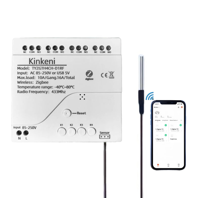 Easy Operation,Zigbee WiFi Temperature Switch ,with Waterproof Temperature Sensor Probe ,Remote Monitoring,Tuya App Remote 4 Channel 10A Clean Contact Relay Switch(tuya zigbee hub Needed) 4CH 110V Temperature Module