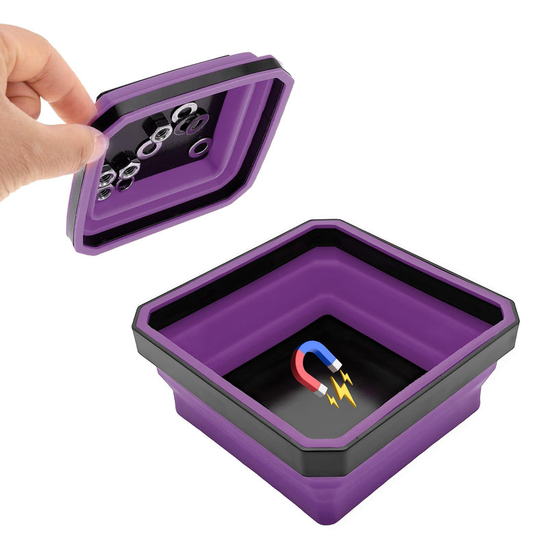Collapsible Magnetic Parts Tray, 4.5 Inch Foldable Magnetic Square Silicone Tray, Tool Tray Set with Double-Sided Magnetic Base for Screw Bolts Nuts Pins, Car Accessories (Purple) Purple, 1 PCS