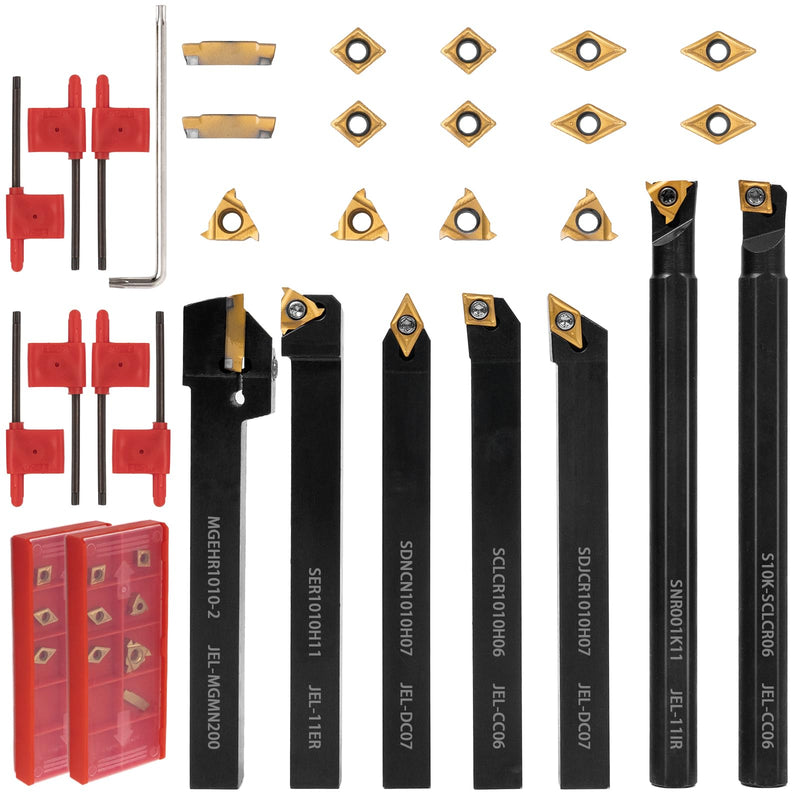 Indexable Lathe Turning Tool 21Pcs Kit,7 Pcs Metal Lathe Tool Holder Set and 14 Pcs Turning Inserts,3/8'' 10mm Shank with Carbide Inserts for Turning Grooving Threading Boring 7pcs 3/8'' 10mm Shanks+14pcs Inserts