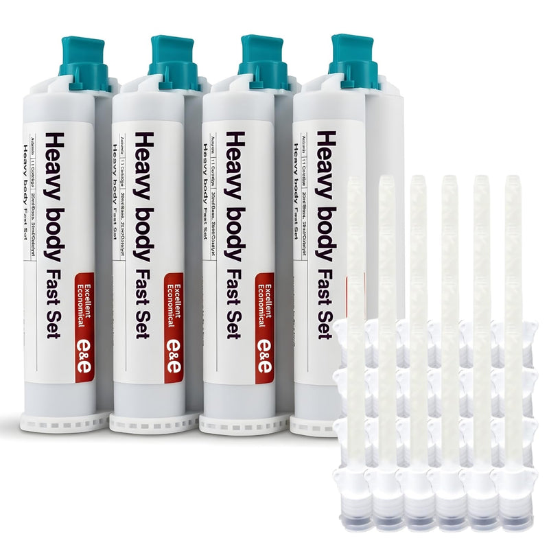 E&E Heavy Body Fast Set, Set of 4 X 50ml Cartridge + 24 Mixing Tips, 40 Seconds Working Time, 2 Minutes Setting time - High Viscosity Material