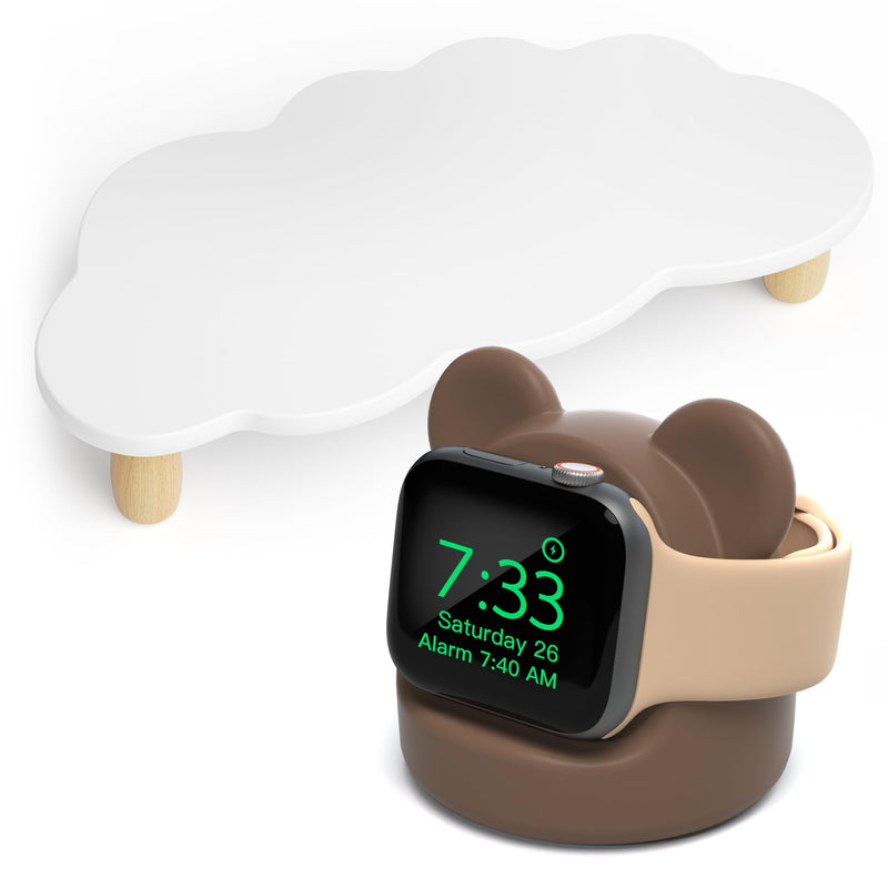 Monitor Stand Riser, Cloud-Shaped Sturdy Wood Computer Monitor Riser, Laptop Monitor Stand+Bear Charger Stand Silicone Dock Holder for Apple Watch Series