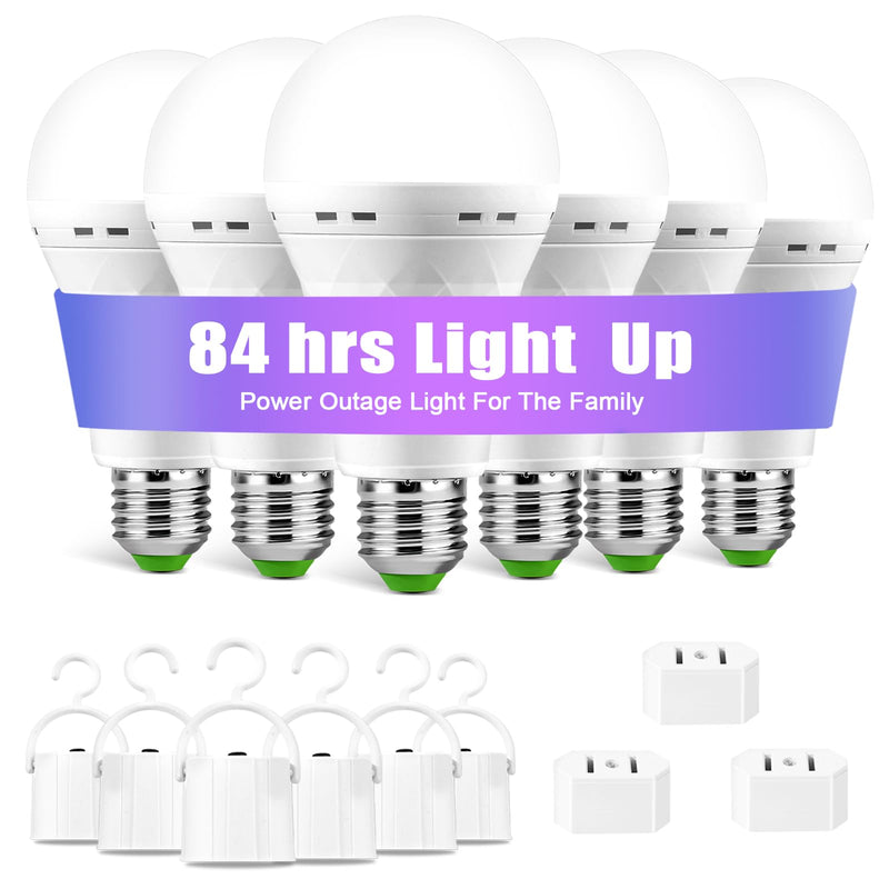 Emergency-Rechargeable-Light-Bulb, Stay Lights Up When Power Failure, 1500mAh 12W 60W Equivalent LED Light Bulbs for Home, Camping, Hiking (E27, with Hook,with Plug Cap) 6 Pack 1 ZS-6Pack
