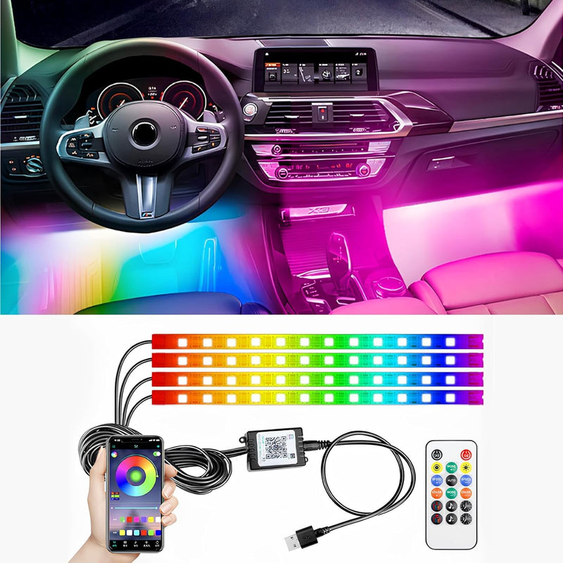 StoneBanks Car Strip Lights Interior, LED RGB USB C Under Dash Lighting, 12V Footwell Neon Internal Lights Kit, Smart APP Control and Remote Dual Control, Multicolor Music Mode and DIY Mode 48 LEDs