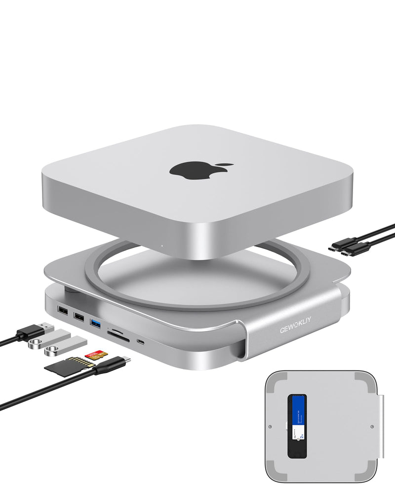 Mac Dock and Stand with M.2 SSD, Dual-Card Reader, 10Gbps USB A/C Ports for Mac Mini M1, M2 & Mac Studio Accessories