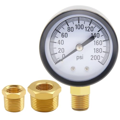 Uenede 0-200PSI Pressure Gauge 1/4" NPT Brass Bottom Mount with Bushing 200PSI(1/4"NPT) Pressure Gauge + Bushing