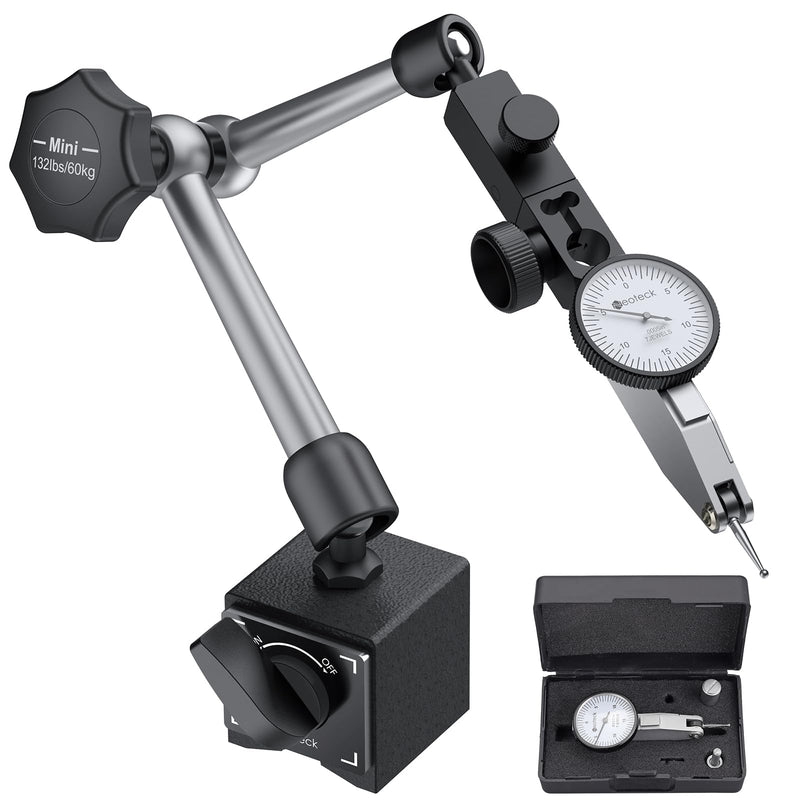 Neoteck 0-0.03"/0.0005" Dial Test Indicator with 132lbs(60kg) Max Pull Magnetic Base Stand Test Indicator Set with 3/8 inch (9.52mm) Clamping Hole for Machine Set-Up and Narrow Area Measurement-Silver Silver Mini-132lbs/60kg Tensile Force
