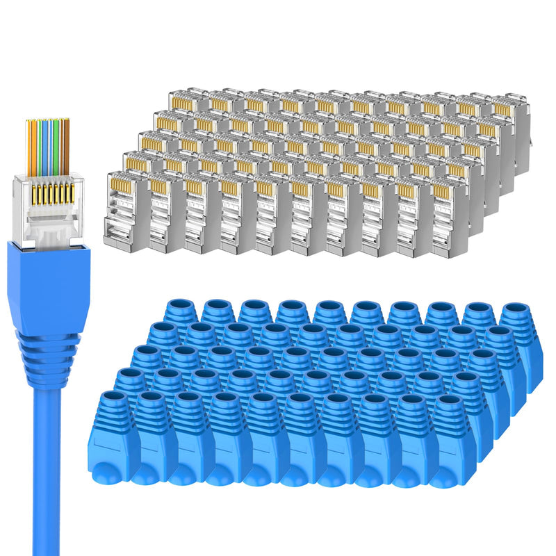 Brileine 100-Pack Cat 6 Pass Through Shielded RJ45 Connectors with RJ45 Boots Cover (Cat6 Connector/ Cat5e Connector/Ethernet Ends/Cat 6 Ends/ RJ45 Modular Plugs) for Solid or Stranded STP Cable 100+100