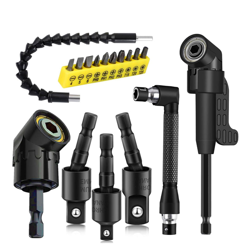 17Pcs Flexible Drill Bit Extension, Include 3Pcs Rotatable Socket Adapter 2Pcs Hex Shank 105° Right Angle Drill Attachment 10 Short Screwdriver Bits 90° Angled Bits and Bendable Extension 17*black