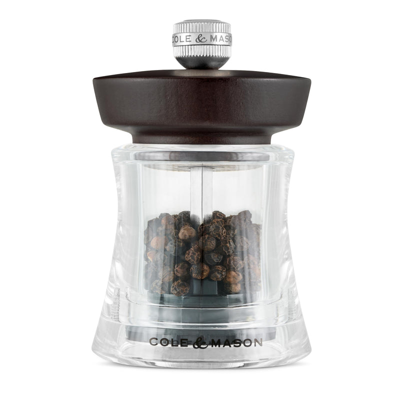 Cole & Mason Holborn Acrylic Pepper Mill - Compact Hand Grinder - Acrylic Kitchen Tool with Adjustable Grind Setting - Easy-to-Clean Grinder with Premium Design - Chocolate Pepper Mill, 3.75"