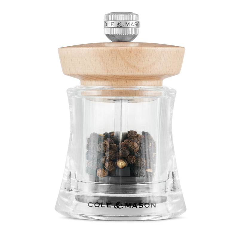 Cole & Mason Holborn Acrylic - Compact Hand Grinder - Acrylic Kitchen Tool with Adjustable Grind Setting - Easy-to-Clean Grinder with Premium Design - Natural Beech Pepper Mill, 3.75"