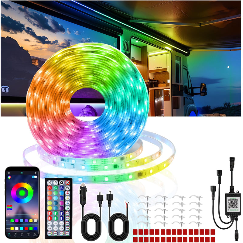 RV Awning Lights, 12V 32.8FT RGB-IC RV Camping Lights, IP68 Waterproof, Exterior Strip Lights for Motorhome Travel Trailer Canopy Party, Stands Food Trucks RGB+IC 32.8FT