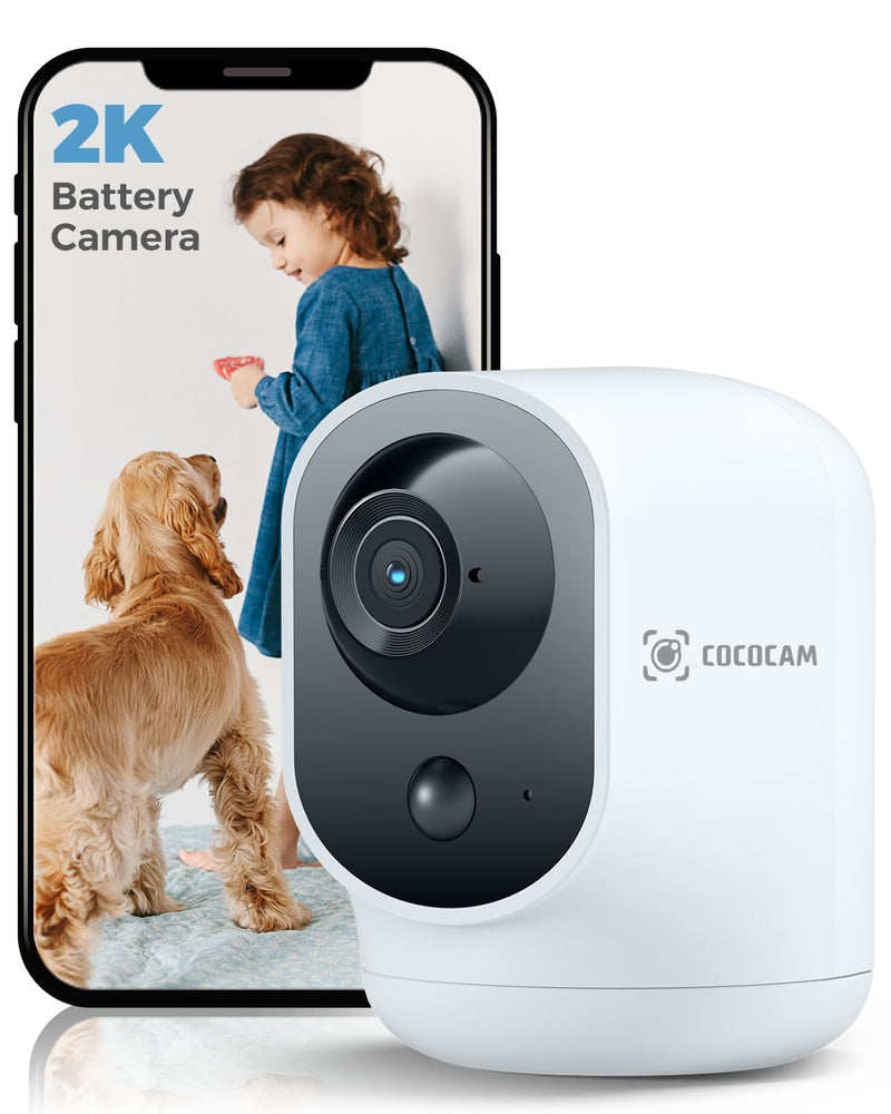 COCOCAM 2K Indoor Pan/Tilt Security Camera with 5200mAh Battery, WiFi Camera,Wireless for Baby Monitor/Pet/Home Security, AI Recognition, PIR Human Detection, 2.4G WiFi (White) white