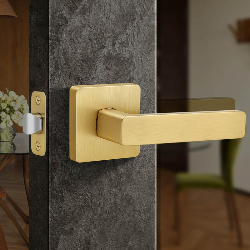 Moquin Passage Gold Door Handle Without Lock or Key, Non-Locking Heavy Duty Square Interior Door Lever for Hallway or Closet, Satin Brass 1 Pack Passage-NO Lock & NO Key
