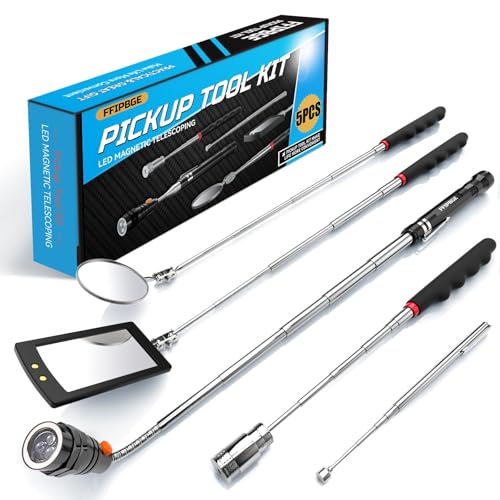 5 PCS Magnetic Pickup Tool Set, 1lb & 15lb Pick Up Rod, Magnetic Flashlight Pickup Tool, Round and Square 360 Swivel Adjustable Inspection Mirror, Mens Gifts for Him, Birthday Gifts for Men Women Dad 5Pcs Tools Set