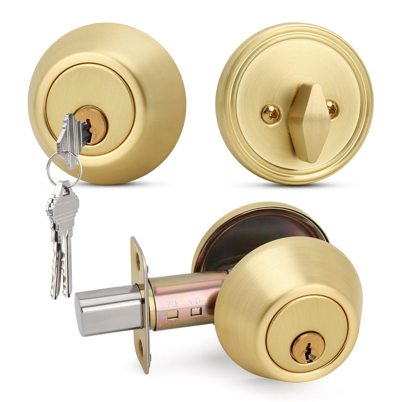 Moquin Gold Deadbolt Lock for Exterior Door, Single Cylinder Deadbolt with Key, One-Sided Deadbolt Lock, Satin Brass