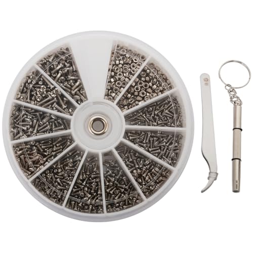 1000Pcs M1 M1.2 M1.4 M1.6 Stainless Steel Screw and Nut Set Assortment Repair Tool Kit with Mini 3 in 1 Screwdriver Keychain for Glasses Cellphone Watches Clocks Home Repair