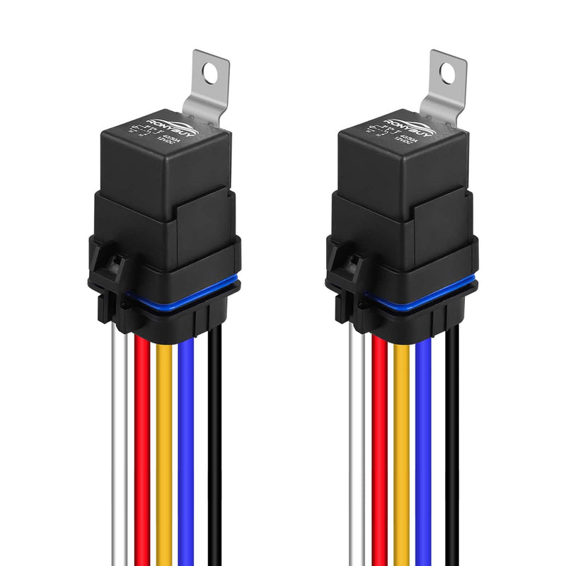 5-Pin Waterproof Relay Kit 40/30 AMP 12V Relay Switch with Harness 12&16 AWG Tinned Copper Wires, SPDT Automotive Relay Kit for Horns Starters Radiator Motor Fans Boats, Pack of 2