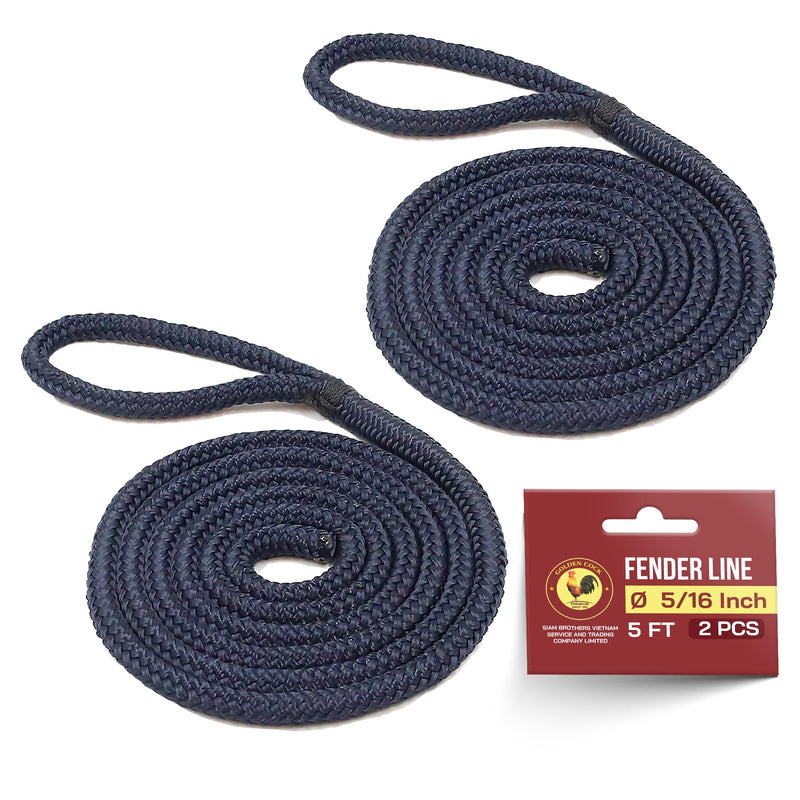 5/16" X 5FT (8mm x 1.5M) Fender Line Navy Blue 2 Pack Premium Double Braid, Mooring Dock Marine-Grade Dock Lines for Boats, Pre-Spliced with Eye Fender Lines 5/16" X 5FT - Navy