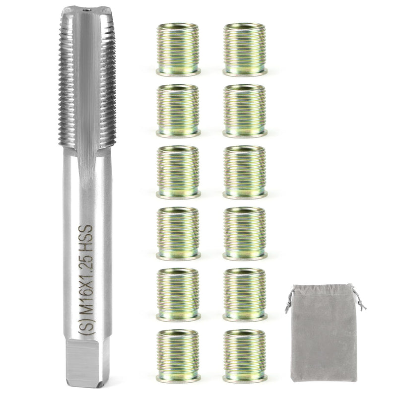 QWORK Spark Plug Thread Repair Tool Kit, Stainless Steel, Includes 12 M14 x 1.25 Inserts & M16 x 1.25 Thread Tap, High Hardness & Galvanized Surface