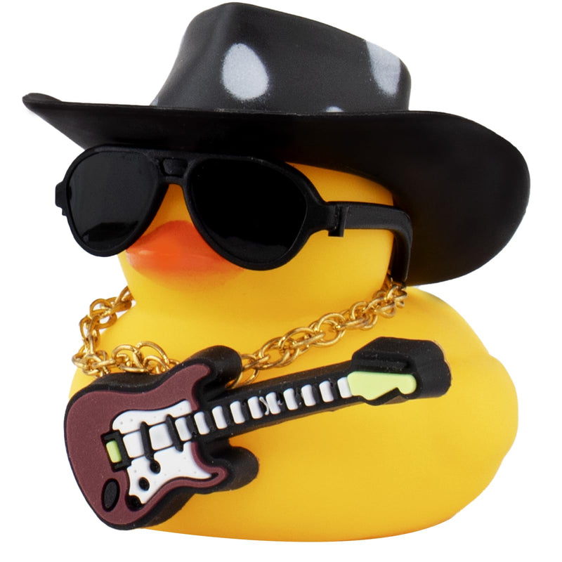 wonuu Rubber Duck Car Ornaments Guitar Duck Cool Car Accessories Car Dashboard Decorations with Cowboy Hat Necklace and Sunglasses, Black&White