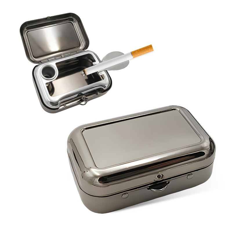 Portable Ashtrays, Stainless Steel Carry-on Mini Ashtray with Windproof Lid, Portable Waterproof Creative Pocket Ashtray for Outdoor Cars, Universal Car Accessories (Black) Black