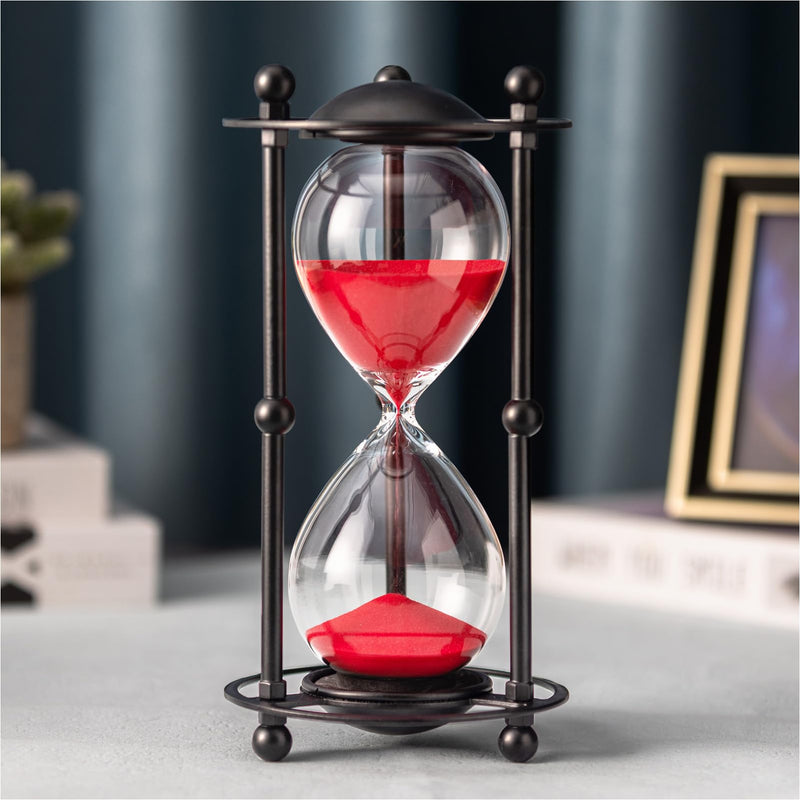 Hourglass Timer 30 Minute, Black Metal Frame Decorative Sand Timer (Red Sand, Medium Size) Red Sand 3.7x3.7x7.9 inch