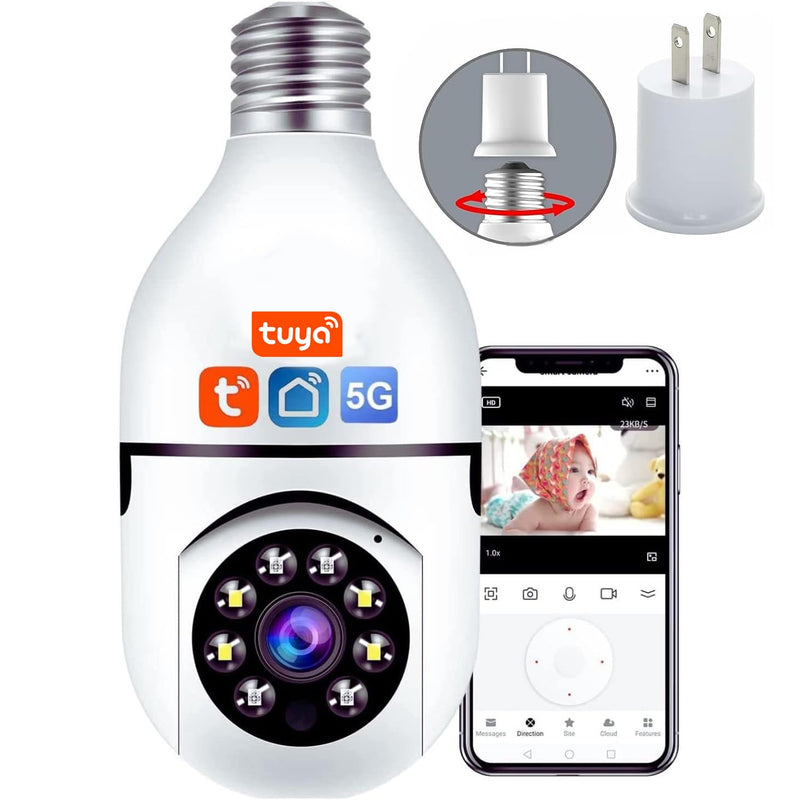 Light Bulb Security Camera, 5GHz 2.4GHz ,Degree Pan/Tilt Panoramic IP Security Camera, TUYA WiFi 1080P Smart Home Surveillance Cam with Motion Detection Alarm Night Vision Two Way Talk Indoor E27 5GHz-2.4GHz-plug