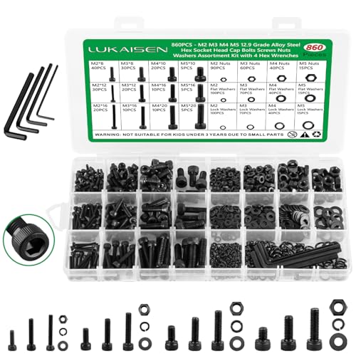 860Pcs M2-M5 Metric Screws, 12.9 Alloy Steel Hex Bolts & Nuts Kit M2 M3 M4 M5 860pcs 3