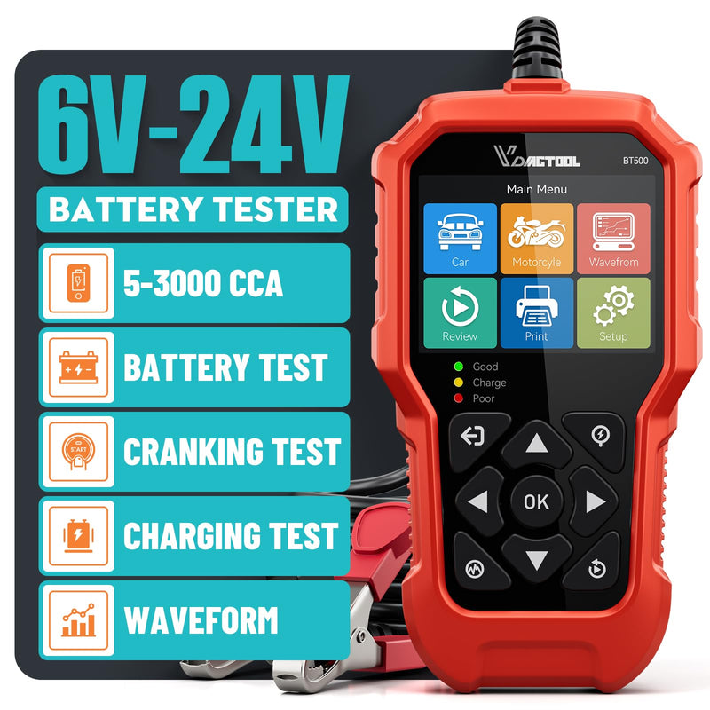 Car Battery Tester 6V 12V 24V VDIAGTOOL BT500, 5-3000 CCA Battery Load Tester, Starter Alternator Tester Automotive Charging Cranking System Analyzer for Car Truck Motorcycle SUV ATV Boat