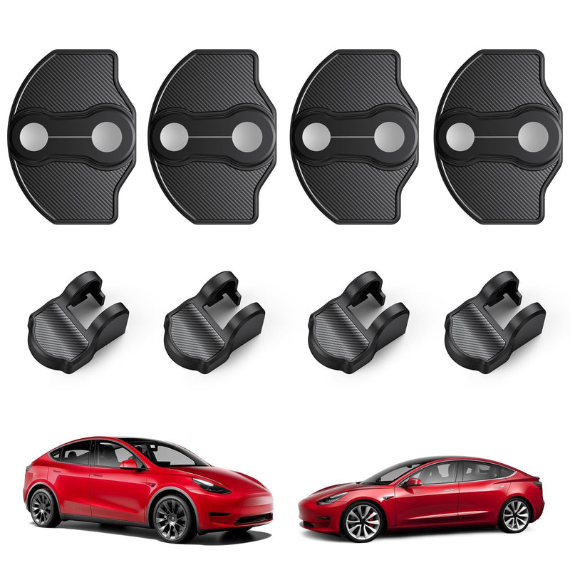 BASENOR 2017-2025 Tesla Model 3 Model Y Door Lock Cover Protector [Carbon Edition] [No Tape Requried], Anti-Scratch Door Striker Latches Sill Stopper Covers for Model 3 Model Y Set of 8