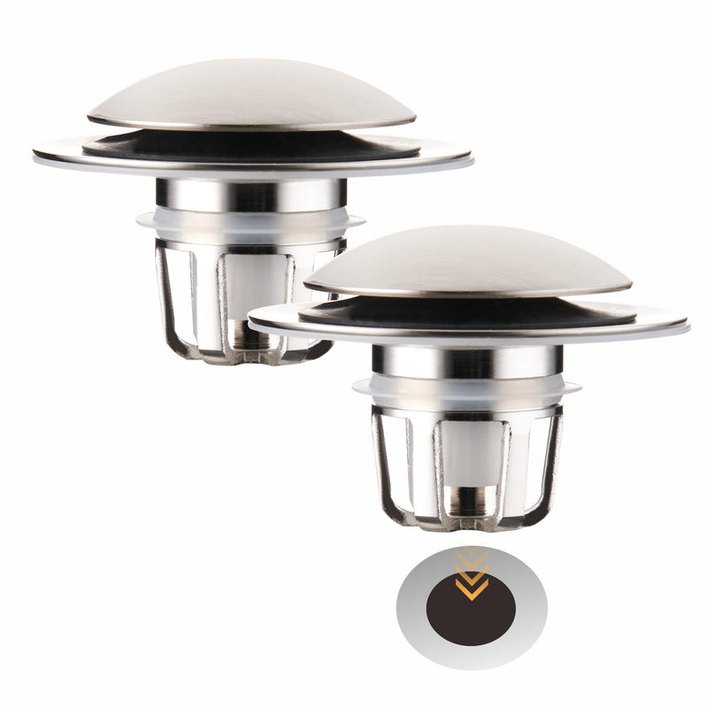 2 Pack Brushed Nickel Bathroom Sink Stopper Pop Up, Wellup 2-in-1 Bathroom Sink Drain Stopper for 1 1/8"-1 1/2" Sink Drain Hole, Universal Sink Stopper Strainer with Hair Catcher Brushed Nickel-2