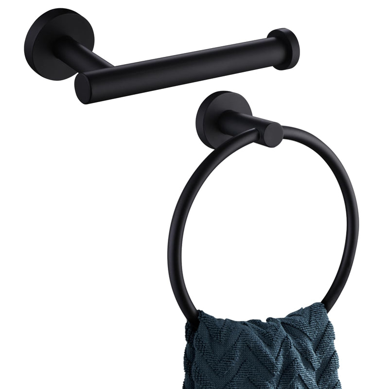 APLusee Matte Black 2 Pieces Bath Accessories Set, Hand Towel Ring and Toilet Paper Holder, Stainless Steel Bathroom Hardware, Wall Mounted Matte Black Round Shape
