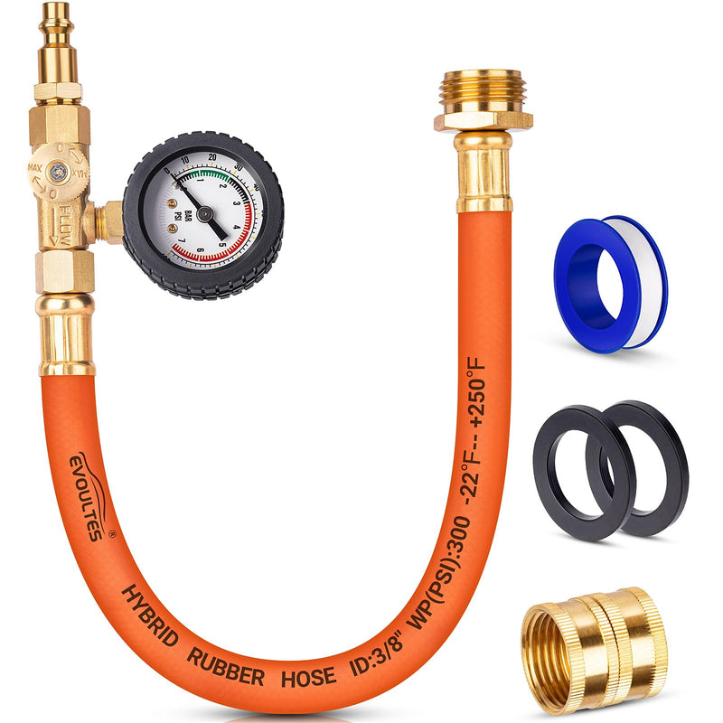 Brass RV Winterizing Kit with Pressure Guage, 17 Inch Garden Hose with 3/4" GHT Blow Out Fitting Adaptor & 1/4" NPT Quick Connect Plug, Sprinkler Blowout Adapter for Camper, Travel Trailer