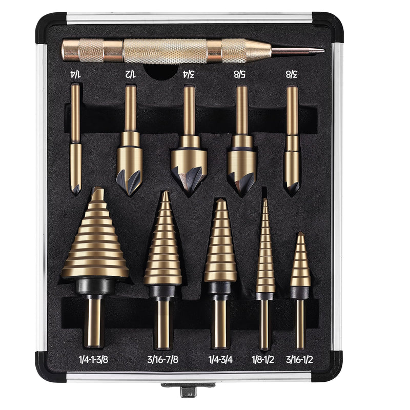 5Pcs Step Drill Bit & 5Pcs Countersink Drill Bit Set, Titanium Coated, HSS Step Bit, 50 Sizes of Step Bit for Metal with Aluminum Case, Multiple Hole Stepped Up Bits for DIY 11pcs