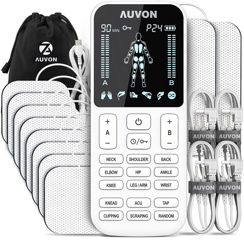 AUVON 4 Outputs TENS Unit Muscle Stimulator with 24 Modes & Intuitive Operation Design, FSA & HSA Eligible, TENS Machine with 10 TENS Pads, Electronic Pulse Massager for Back Pain Relief Therapy White