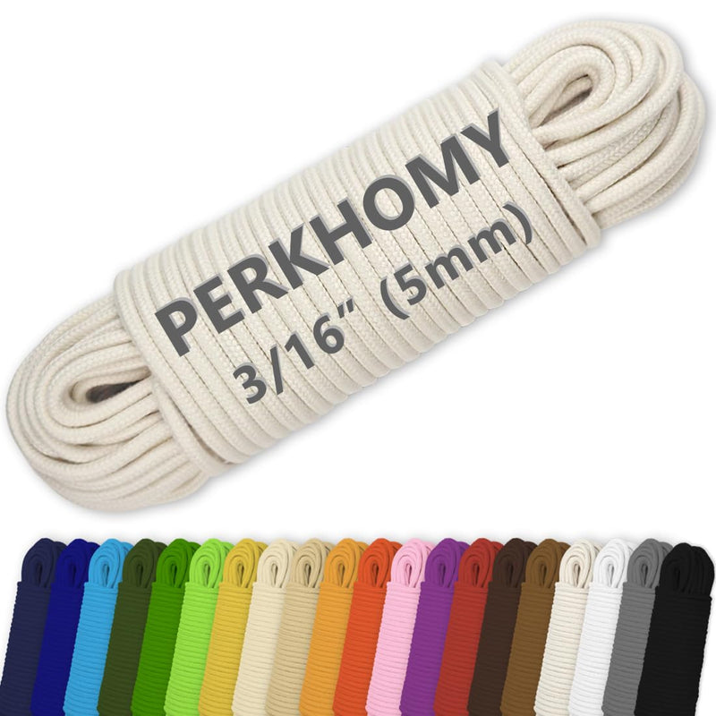 PerkHomy 100 ft 3/16" (5mm) Cotton Rope Multi Purpose Utility Diamond Braided Cord, Natural Cotton for Clothes Line Camping Crafting Flag Pole, Natural White 3/16" x 100'