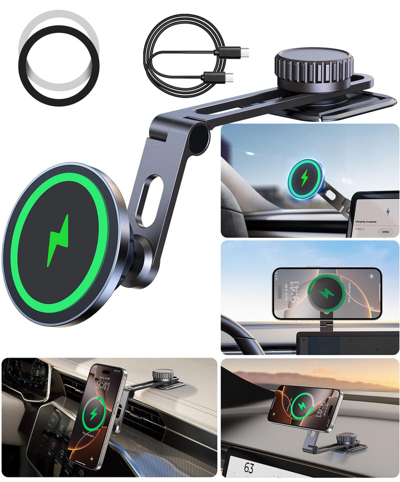 Tesla Phone Mount Qi2 Charger for iPhone MagSafe 【Hidden Foldable Design】 15W Wireless Charging, Universal Car Magnetic Dashboard Phone Holder, Tesla Model 3/Y/Cybertruck Accessories Screen+Charger