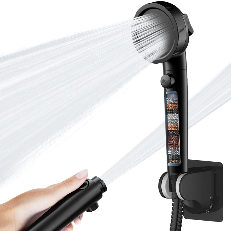 HANLIAN On/Off Pause Camper Shower Head with Filters, Detachable Shower Head with filtrate, High Pressure RV Showerhead with Hose and Self-adhesive Bracket, Shower Filtered Showerhead (Black) Black