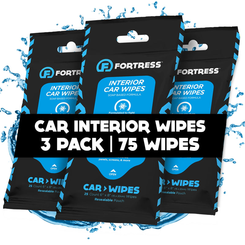 Fortress Car Interior Wipes (25 ct, Pack of 3) for Car Interior Cleaning, Dashboard, Seats, Detailing, and Steering Wheel [Travel Size] Skin-Safe Car Interior Cleaner Supplies No Microfiber Cloth