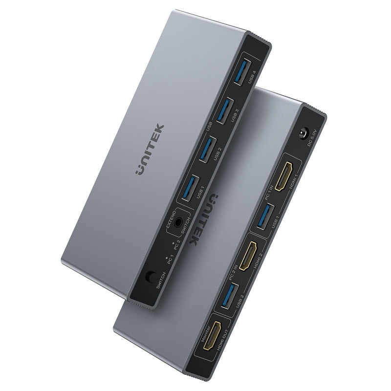 Unitek HDMI KVM Switch 1 Monitors 2 Computers - 4K@60Hz 4 USB A 3.0 5Gbps Ports PC Switcher for Computer Display Desktop Keyboard Mouse with Converter