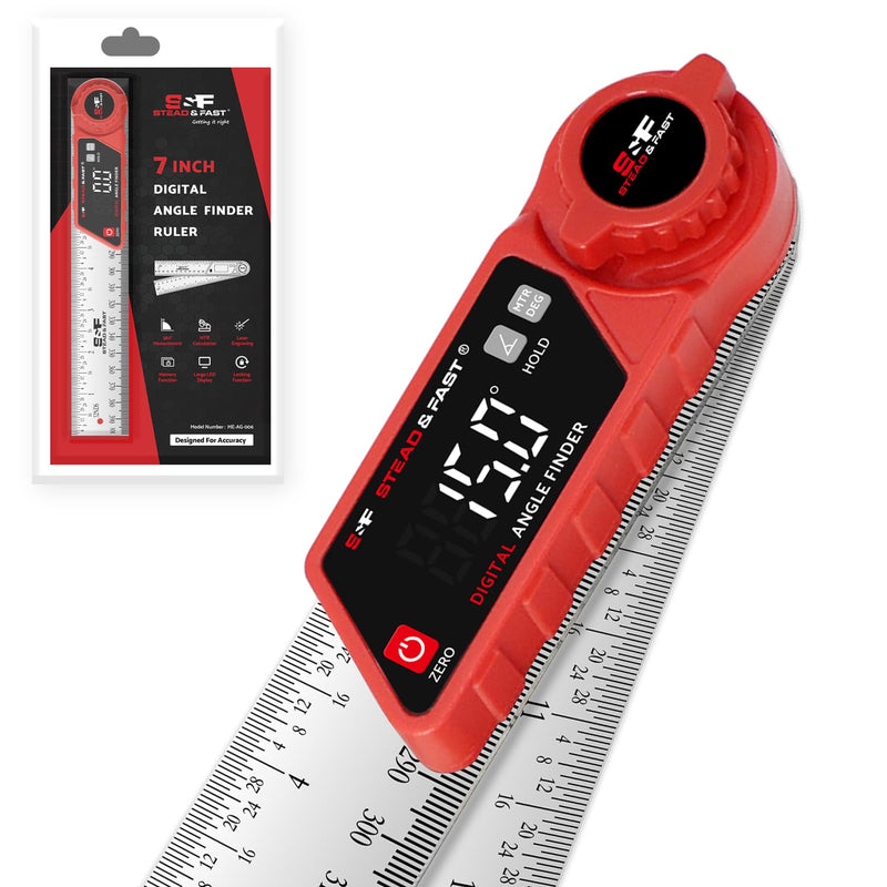 S&F STEAD & FAST Digital Angle Finder with Miter Button, 7 Inch / 200 mm | Secure lock knob, XL LED Display, Stainless steel arms, High-precision, Versatile protractor, for Miter saw & Crown molding Red